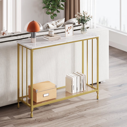 Narrow console table with glass shelf and metal frame