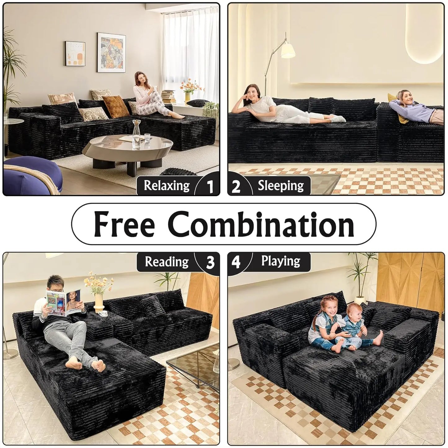 104-inch black corduroy L-shaped sectional couch with chaise
