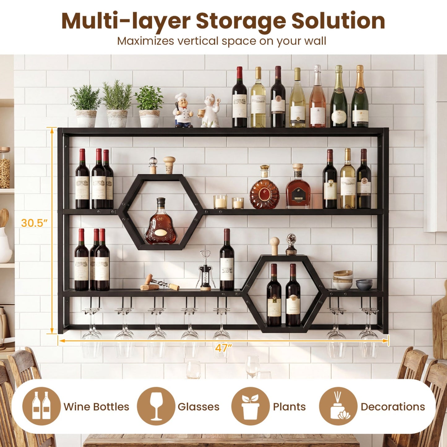 Wall Mounted Wine Rack 47" Large Floating Bar Shelves