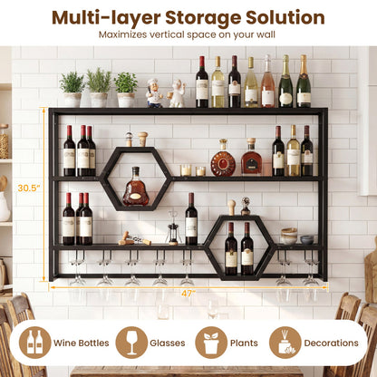 Wall Mounted Wine Rack 47" Large Floating Bar Shelves
