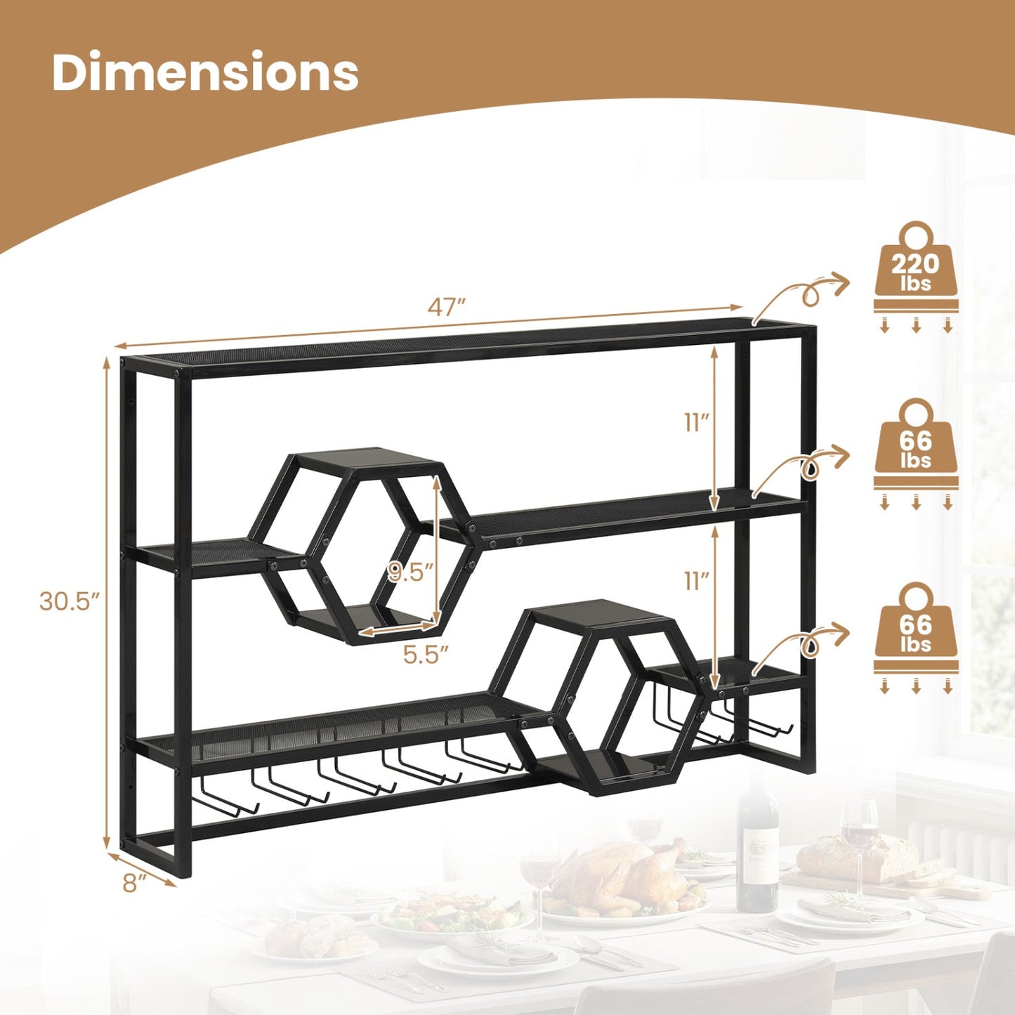 Wall Mounted Wine Rack 47" Large Floating Bar Shelves