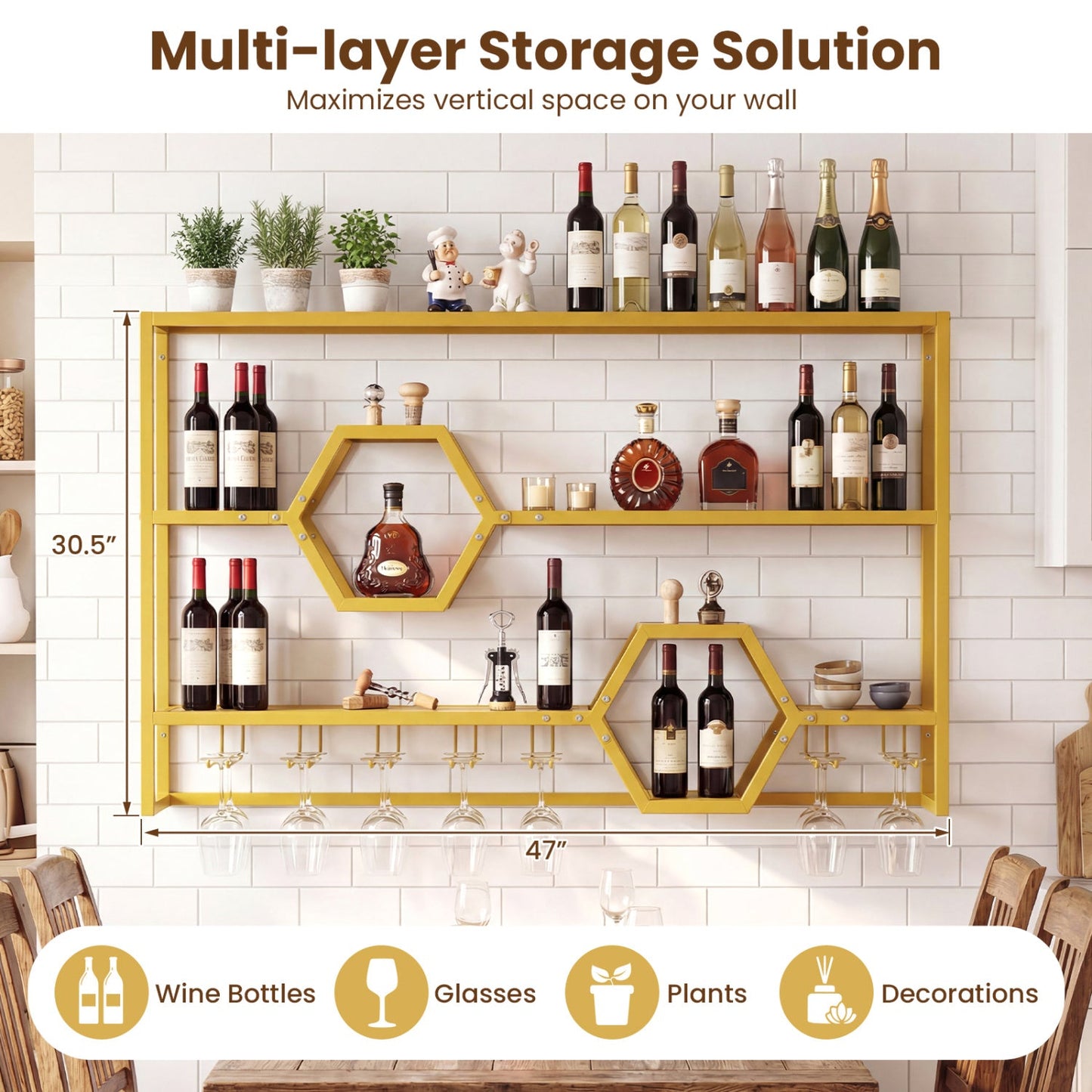 Wall Mounted Wine Rack 47" Large Floating Bar Shelves